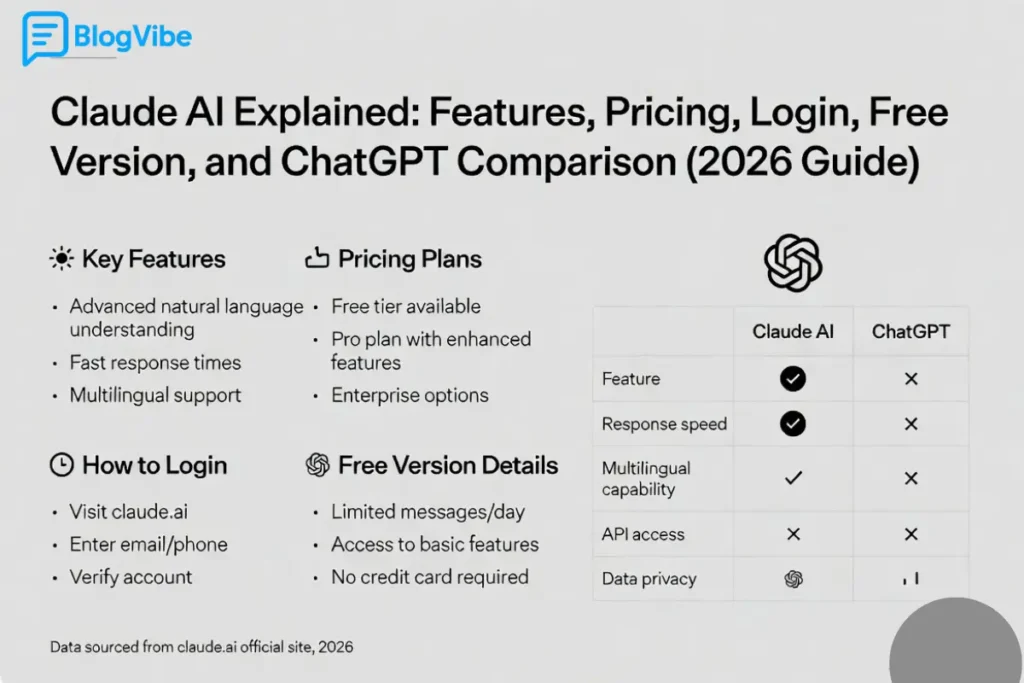Claude AI Explained:Features, Pricing, Login, Free Version, and ChatGPT Comparison (2026 Guide)