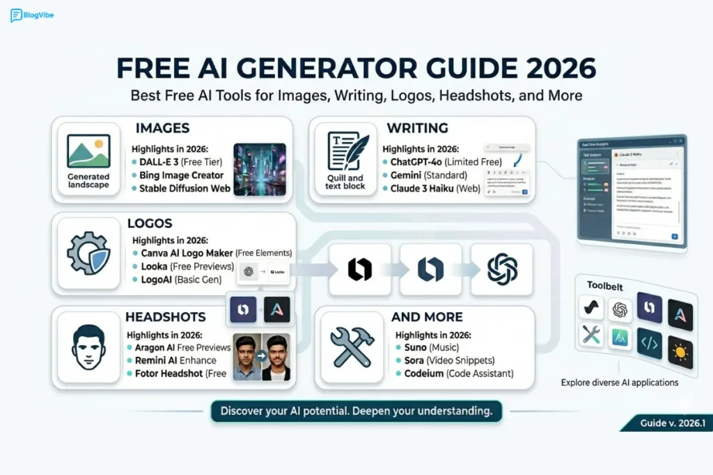Free AI Generator Guide 2026: Best Free AI Tools for Images, Writing, Logos, Headshots, and More