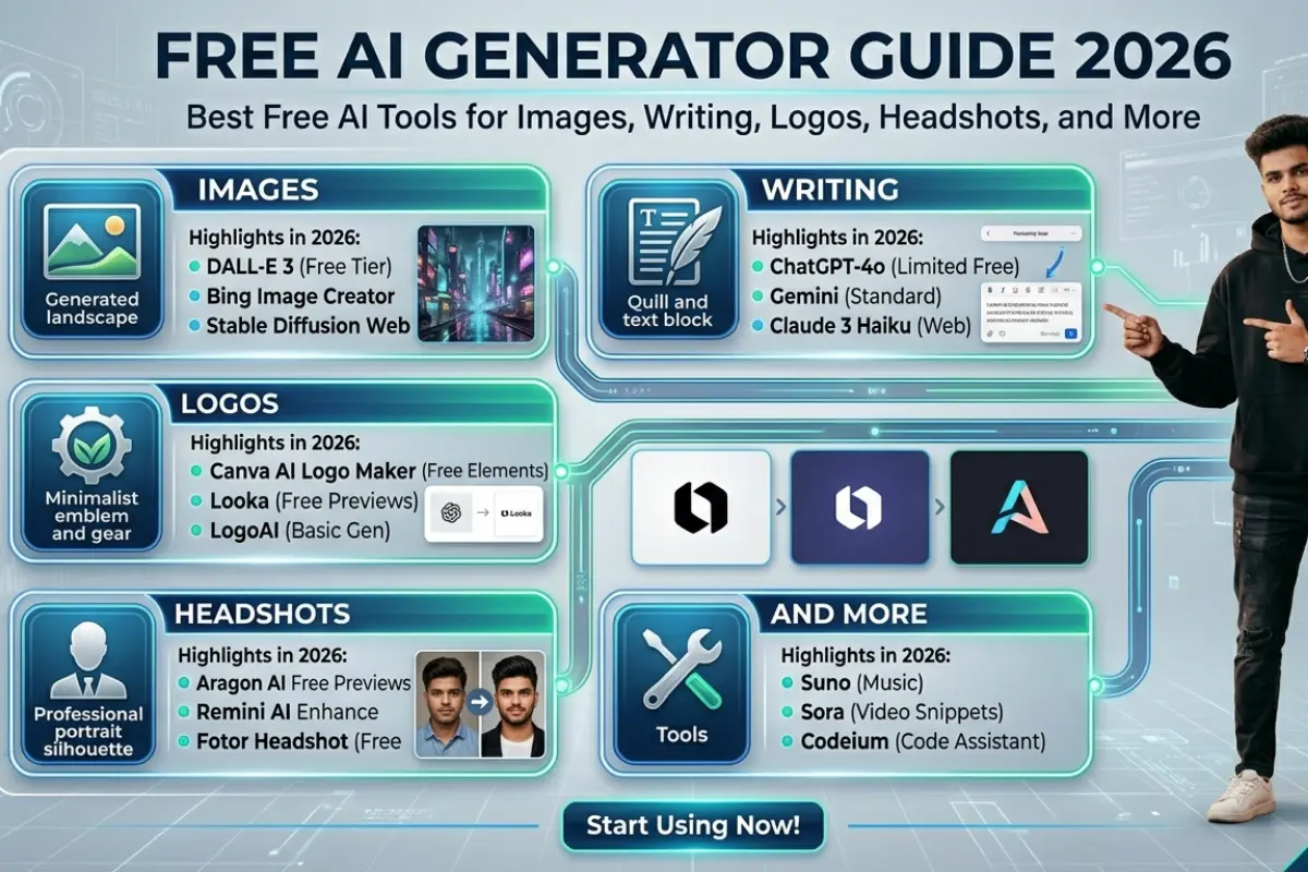Free AI Generator Guide 2026: Best Free AI Tools for Images, Writing, Logos, Headshots, and More